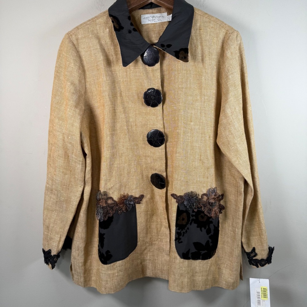 Taylor G VTG NWT Beige Linen Velvet Burnout Floral Applique Artsy Blazer XL